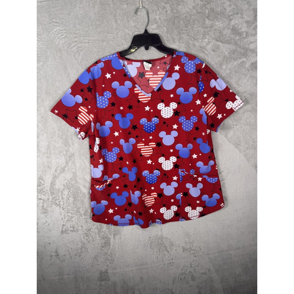 Disney Mickey Mouse Scrub Top Womens XL‎ Red Blue Patriotic Stars Pockets